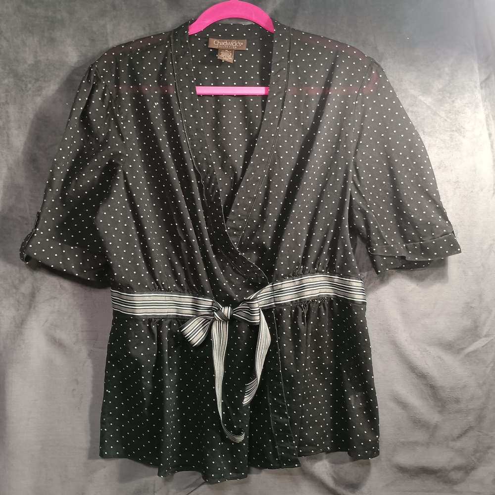Chadwicks Black Polka Dot Wrap Top With Bow